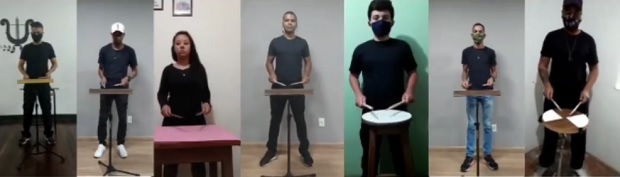 Grupo de percussão faz apresentação com cada um dos integrantes em casa.